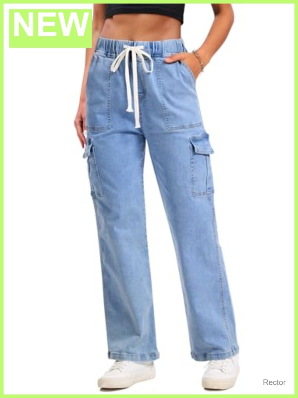 Cargo Jeans Stretchy Baggy Drawstring Denim Pants Straight Leg